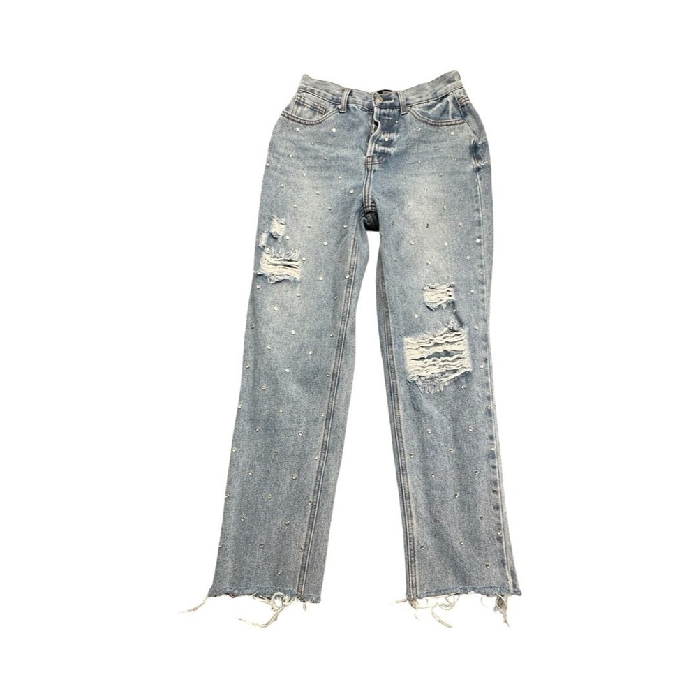 Simple Society Jeans Womens 5/27 Blue‎ Rhinestone Distressed High Waist Raw Hem